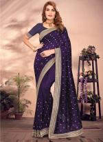 Vichitra Blooming Purple Wedding Wear Embroidery Work Saree